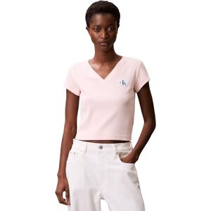 Calvin Klein Women’s Short Sleeve V-Neck Woven Label Rib T-Shirt, Pink (Cloud Pink), XS Calvin Klein Women’s Short Sleeve V-Neck Woven Label Rib T-Shirt, Pink (Cloud Pink), XS