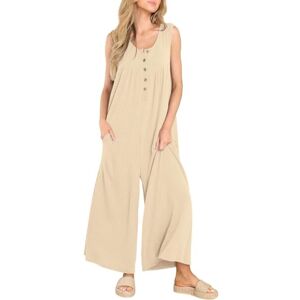 Vectry Women's Solid Color Fashion Casual Button Pocket Sleeveless Jumpsuit Savor Jumper Summer Jumpsuit for Women (Beige, L)