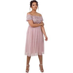 Maya Deluxe Women's Ladies Bardot Dresses Midi High Empire Waist Sequins Embellished Formal Evening for Wedding Guest Bridesmaid, Frosted Pink, 20