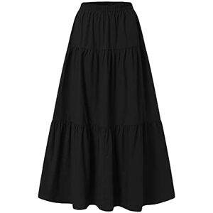 Femereina Women's Vintage Elastic Waist A-Line Long Midi Skirt Solid Color Pleated Big Hem Basic Flared Long Skirts (Black, Large)