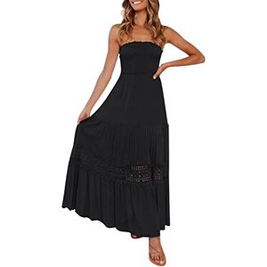 Generic Women's Summer Bohemian Strapless Off Shoulder Lace Trim Backless Flowing A-line Beach Long Maxi Dress Autumn Dress Women Vintage, black, L