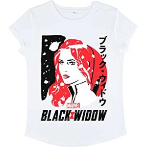 Marvel Women's Black Drawn Widow Rolled Sleeve T-Shirt, White, M Marvel Women's Black Drawn Widow Rolled Sleeve T-Shirt, White, M