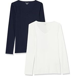 Amazon Essentials Women's Slim-Fit Layering Long-Sleeve Knit Rib V-Neck Shirts (Available in Plus Size), Pack of 2, White/Navy, XS Amazon Essentials Women's Slim-Fit Layering Long-Sleeve Knit Rib V-Neck Shirts (Available in Plus Size), Pack of 2, White/Navy, XS