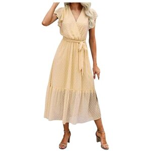 Die Neueste Herrenbekleidung Für 2024 Women's Summer Bohemian Casual V-Neck Ruffle Cap Belt A-line Pleated Hem Sun Dress White Dress, yellow, L