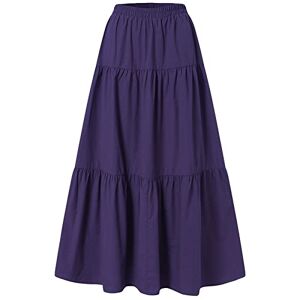 Femereina Women's Vintage Elastic Waist A-Line Long Midi Skirt Solid Color Pleated Big Hem Basic Flared Long Skirts (Purple, Large)