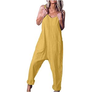 HAOLEI Linen Dungarees Women Plus Size 22 Casual Loose Sleeveless Overalls Summer Cotton Line V Neck Harem Jumpsuit Baggy Boho Long Pants Playsuit Wide Leg Dungarees with Pockets UK Sale Clearance