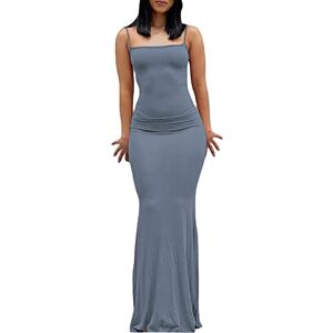 FeMereina Women's Spaghetti Strap Casual Maxi Dresses Sleeveless Low Cut Cami Dress Square Neck Tight Fitted LongBodycon Club Dress (Dusty Blue, Medium)