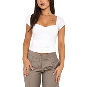 Femereina Women Basic Crop Top Short Sleeve Solid Round Neck Skinny Tops Cap Sleeve Slim Tee Shirt Cute Aesthetic Clothes (White, M)