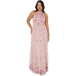 Maya Deluxe Women's Ladies Maxi Dress Sleeveless Halterneck Tiered Floral Embroidered A-line for Wedding Guest Evening Ball Gown Frosted Pink 10 Maya Deluxe Women's Ladies Maxi Dress Sleeveless Halterneck Tiered Floral Embroidered A-line for Wedding Guest Evening Ball Gown Frosted Pink 10