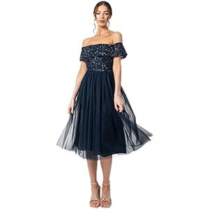 Maya Deluxe Women's Ladies Bardot Dresses Midi High Empire Waist Sequins Embellished Formal Evening for Wedding Guest Bridesmaid, Navy, 28