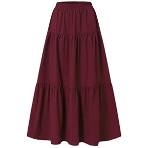 Femereina Women's Vintage Elastic Waist A-Line Long Midi Skirt Solid Color Pleated Big Hem Basic Flared Long Skirts (Wine Red, 4X-Large)