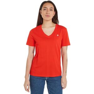Calvin Klein Jeans Women's CK Embro Badge V-Neck TEE S/S Knit Tops, Fiery Red, XS Calvin Klein Jeans Women's CK Embro Badge V-Neck TEE S/S Knit Tops, Fiery Red, XS