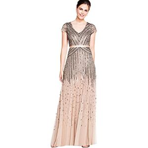 Adrianna Papell womens092868950Long Beaded V-Neck Dress with Cap Sleeves and Waistband Short-Sleeve Dress Beige 16 Adrianna Papell womens092868950Long Beaded V-Neck Dress with Cap Sleeves and Waistband Short-Sleeve Dress Beige 16