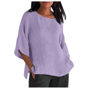 AMhomely Tops for Women UK Plus Size 22-24 Plain T-Shirt 3/4 Sleeve Linen Shirts Crewneck Casual Loose Blouse Tee Tops Summer Cotton Linen Tunic Tops Sale Clearance 01 Purple L