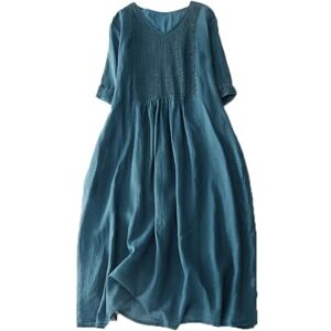 Tainrunse Women's Summer V-neck A-line Midi Dresses Solid Color Short Sleeves Double-layered Casual Dress Blue L