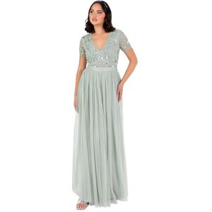 Maya Deluxe Women's Maxi Dress Ladies Floral Sequin Embellished V-Neck Short Sleeve Tulle Sash Tie Belt Empire A-line Bridesmaid, Green Lily, 14 Maya Deluxe Women's Maxi Dress Ladies Floral Sequin Embellished V-Neck Short Sleeve Tulle Sash Tie Belt Empire A-line Bridesmaid, Green Lily, 14