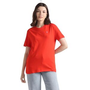 Calvin Klein Jeans Women's CK Embro Badge Regular TEE S/S Knit Tops, Fiery Red, S Calvin Klein Jeans Women's CK Embro Badge Regular TEE S/S Knit Tops, Fiery Red, S