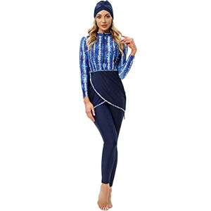 Womens Muslim Swimwear Modest Swimsuit Hijab Burkini Top+Pants Rashguard 3 Pieces Full Cover Floral Print Swimming Costume UV Protection Surfing Outfit for Girls Denim Blue L