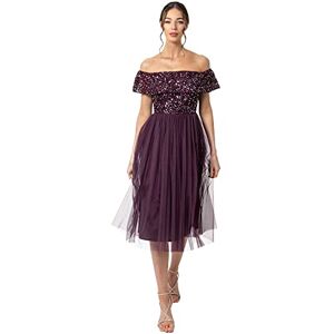 Maya Deluxe Women's Ladies Bardot Dresses Midi High Empire Waist Sequins Embellished Formal Evening for Wedding Guest Bridesmaid, Berry, 18