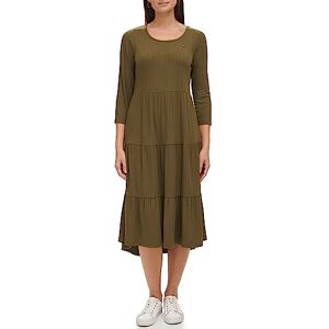 Tommy Hilfiger Women's Tiered Stripe Midi Dress, Dark Olive, XXL Tommy Hilfiger Women's Tiered Stripe Midi Dress, Dark Olive, XXL