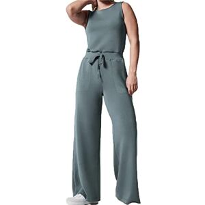 HIDRUO Air Essentials Jumpsuit, Women Sleeveless Scoopneck Summer Casual Elastic Waist Wide Leg Pant Jumpsuits Rompers (Blue Gray, L)