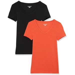 Amazon Essentials Women's Slim-Fit Short-Sleeve V-Neck T-Shirt, Pack of 2, Black/Tomato Red, XS Amazon Essentials Women's Slim-Fit Short-Sleeve V-Neck T-Shirt, Pack of 2, Black/Tomato Red, XS