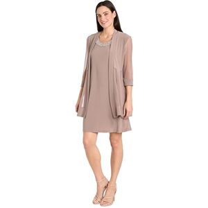 R&M Richards Women's 2 Piece Mesh Panel Beaded Neck Jacket Dress, Taupe, X-Large R&M Richards Women's 2 Piece Mesh Panel Beaded Neck Jacket Dress, Taupe, X-Large