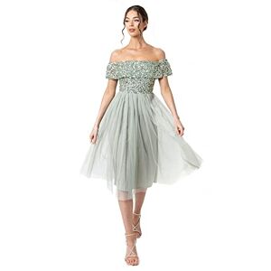 Maya Deluxe Women's Ladies Bardot Dresses Midi High Empire Waist Sequins Embellished Formal Evening for Wedding Guest Bridesmaid, Green Lily, 18