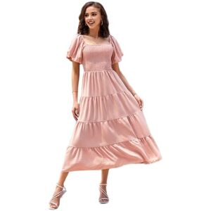 ehozirta Women Casual Dress,Shrot Sleeve Dress,Summer Women Dress,Short Bubble Sleeve Square Neck Pleated Patchwork A-line Hem High Slim Waist Solid Color Elastic Bust Beach Dating Midi Dress Pink L