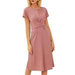 GRACE KARIN Women's Short Sleeves Casual Dress Solid Summer Dress with Tie Belt Round Neck A-line Dress Gray Pink M
