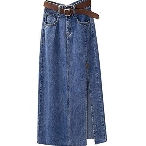 Generic Women Embroidery High Waist Mid Length Spring Summer Slimming Slit Pocket Hip A Line Denim Skirt Picture Canvas, blue, L, balloon