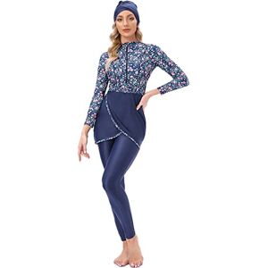 Womens Muslim Swimwear Modest Swimsuit Hijab Burkini Top+Pants Rashguard 3 Pieces Full Cover Floral Print Swimming Costume UV Protection Surfing Outfit for Girls Blue + Floral L