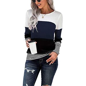 KINGFEN Ladies Jumper Long Sleeve T Shirts Crewneck Color Block Striped Pullover Oversized Patchwork Waffle Knit Tops Light Navy Blue UK18 UK20