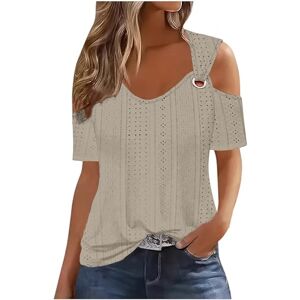 YCBMINGCAN Summer Tops for Women 2024 Eyelet Cold Shoulder Short Sleeve T Shirts Solid Casual Ring Hollow Top Basic Shirts Tees Top Silver, khaki, M