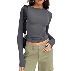 Qianderer Womens Y2k Long Sleeve Top Skim Dupe Crop Tops Scoop Neck Going Out Slim Fit Basic T Shirts Aesthetic Streetwear (Ba Gray, M)