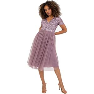 Maya Deluxe Women's Embellished Midi Evening Dress Ladies V Neckline with Short Sleeve for Prom Wedding Bridesmaid, Moody Lilac, 18 Maya Deluxe Women's Embellished Midi Evening Dress Ladies V Neckline with Short Sleeve for Prom Wedding Bridesmaid, Moody Lilac, 18