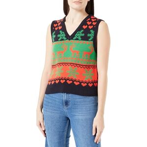 ONLY Women's Onlxmas Heart V-Neck Vest KNT Knitted Jumper, Night Sky/Pattern: Poppy Red/Green Bee, L ONLY Women's Onlxmas Heart V-Neck Vest KNT Knitted Jumper, Night Sky/Pattern: Poppy Red/Green Bee, L