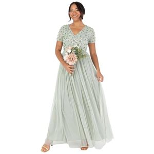Maya Deluxe Women's Ladies Maxi Dress Sequin Embellished Floral V-Neck Short Sleeve Tulle Skirt A-line for Wedding Guest Ball Gown, Green Lily, 14 Maya Deluxe Women's Ladies Maxi Dress Sequin Embellished Floral V-Neck Short Sleeve Tulle Skirt A-line for Wedding Guest Ball Gown, Green Lily, 14