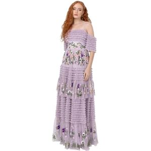 Maya Deluxe Women's Ladies Maxi Dress Off-The-Shoulder Bardot Spaghetti Strap Floral Embroidered Tiered Ruffle Tulle Wedding Guest, Lilac, 6 Maya Deluxe Women's Ladies Maxi Dress Off-The-Shoulder Bardot Spaghetti Strap Floral Embroidered Tiered Ruffle Tulle Wedding Guest, Lilac, 6
