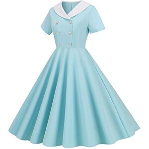 HOOUDO Womens Cocktail Dresses Short Sleeve Swing Retro 50s Dress Rockabilly Audrey Hepburn Dresses Wedding Guest Evening Tea Dresses Blue