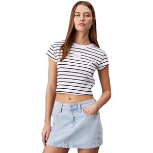 Calvin Klein Jeans Women's Woven Label Ribbed Short Sleeve Round Neck T-Shirt, Multicolor (Ck Black/Bright White Striped), 3XL Calvin Klein Jeans Women's Woven Label Ribbed Short Sleeve Round Neck T-Shirt, Multicolor (Ck Black/Bright White Striped), 3XL
