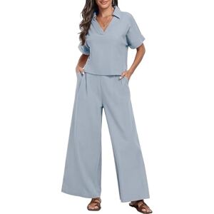 LCDIUDIU Ladies 2 Piece Wide Leg Pants Set, Black V-Neck Rolled Short Sleeves T-Shirt Crop Top Elastic Waist Straight Leg Trousers Lounge Co Ord Sets Summer Casual Going Out Matching Sets Blue Xl