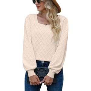 PrinStory Women's Square Neck Jumpers Long Sleeve Tops Casual Knit Pullover Warm Autumn Winter Sweater Soft Knitwear (Beige, L)