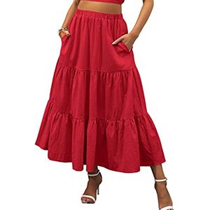 Femereina Women's Vintage Elastic Waist A-Line Long Midi Skirt Solid Color Pleated Big Hem Basic Flared Long Skirts (Red#1, L)