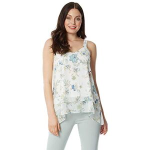 Roman Originals Women Lurex Floral Overlay Cami Top - Ladies Smart Casual Day Party Holiday Cruise Printed Long Asymmetric Strappy Sleeveless Vest Camisole Tops - Ivory & Blue - Size 20