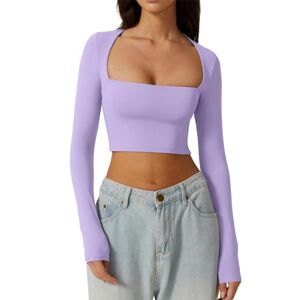 Caziffer Women Y2K Square Neck Gong Out Crop Top Long Sleeve Low Cut Slim Fit Tshirt Lightweight Tight Tee Fall Trendy 2023 (Cropped Purple, M)