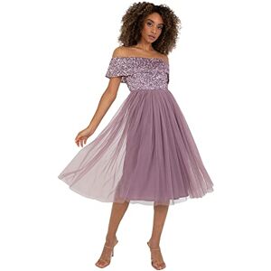 Maya Deluxe Women's Ladies Bardot Dresses Midi High Empire Waist Sequins Embellished Formal Evening for Wedding Guest Bridesmaid, Moody Lilac, 22