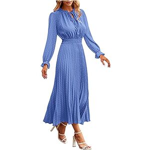 Generic Women's 2023 Fall Midi Dress Casual Long Sleeve V Neck Swiss Dot Pleated A Line Flowy Dresses Boho Ruffle Tiered Maxi Dress Smocked Cocktail Dresses Dresses to wear to a Wedding Sky Blue