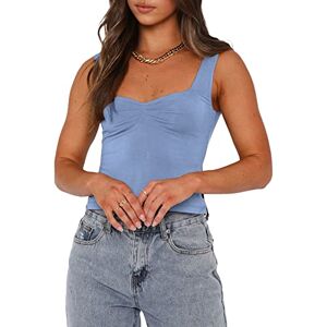 FeMereina Women's Deep V Neck Crop Tops Short Sleeve Open BackSlim Fit T-Shirts Plunge Low Cut Bodycon Corset Cami Shirt Y2K Going Out Tops (J-Blue, M)