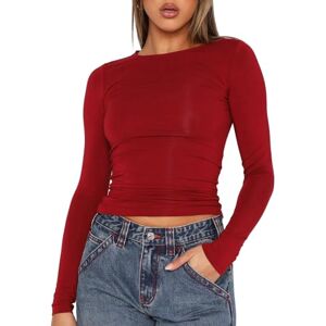 Qianderer Womens Y2k Long Sleeve Top Skim Dupe Crop Tops Scoop Neck Going Out Slim Fit Basic T Shirts Aesthetic Streetwear (Ba Red, M)